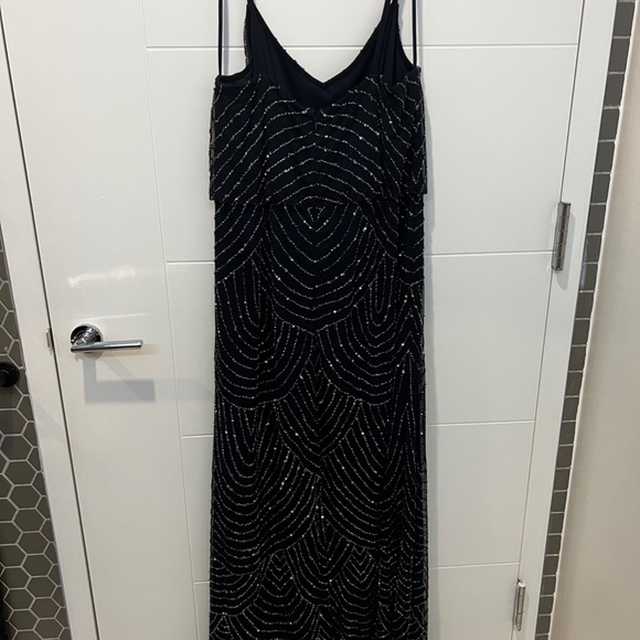 Adrianna Papell Art Deco Beaded Blouson Navy Full Length Formal Gown - Picture 9 of 14